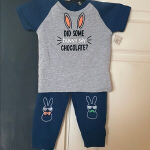 Koala Kids Navy & Heather Gray Bunny Chocolate Pajama Set with Orange Accent